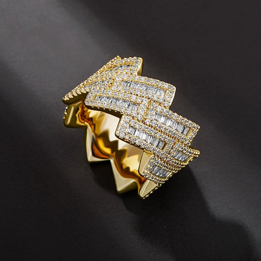 15mm iced out baguette prong cuban link ring in gold - triple row jewelry by clearquartzshop