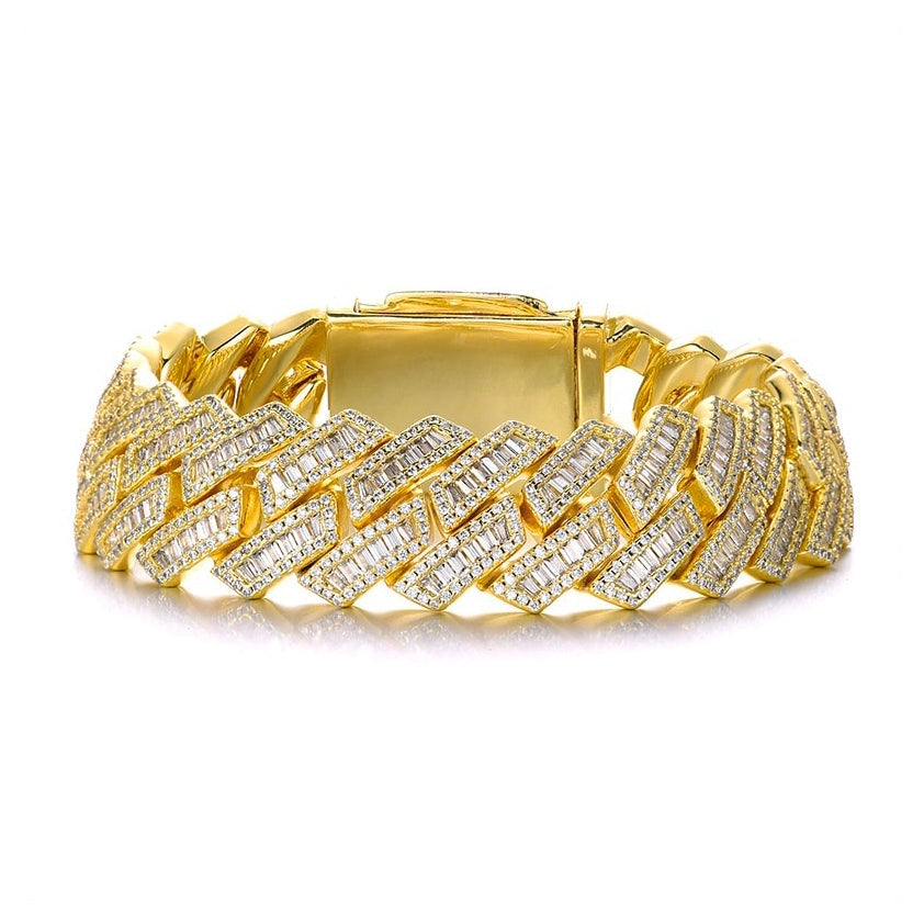 gold 17mm iced out baguette prong cuban link bracelet, triple row streetwear bling - clearquartzshop