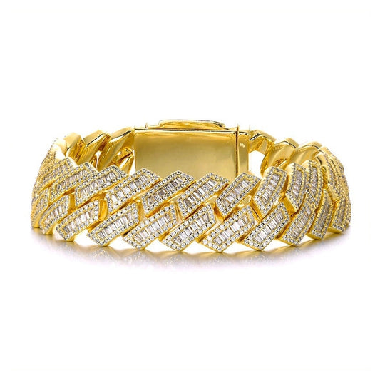 gold 17mm iced out baguette prong cuban link bracelet, triple row streetwear bling - clearquartzshop
