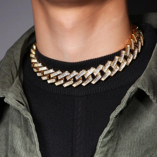 gold 18mm iced out baguette prong cuban link chain - unisex bling necklace from clearquartzshop