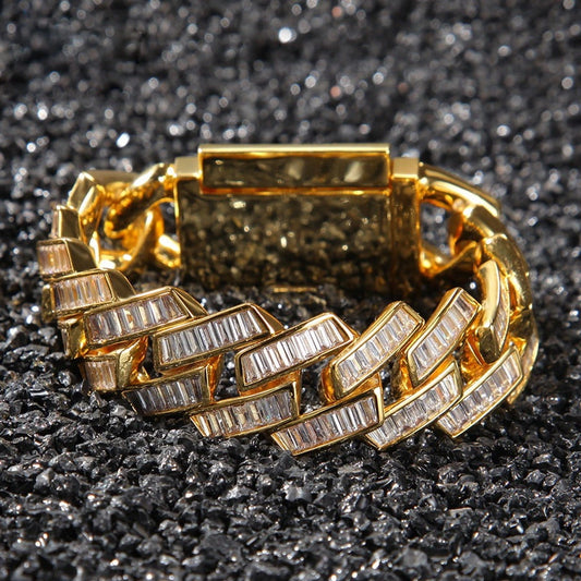 gold 18mm iced out prong cuban link bracelet - unisex baguette jewelry by clearquartzshop