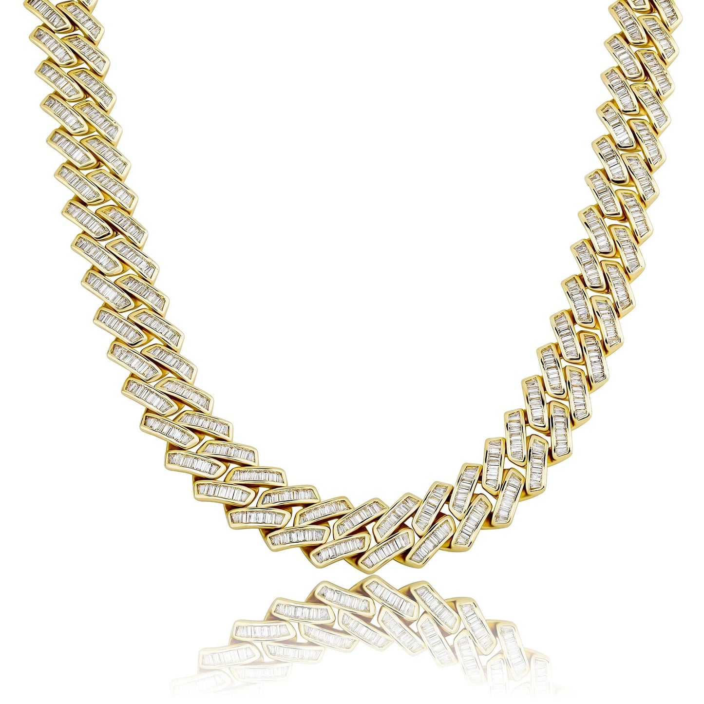 gold 18mm iced out baguette prong cuban link chain - unisex flashy jewelry by clearquartzshop