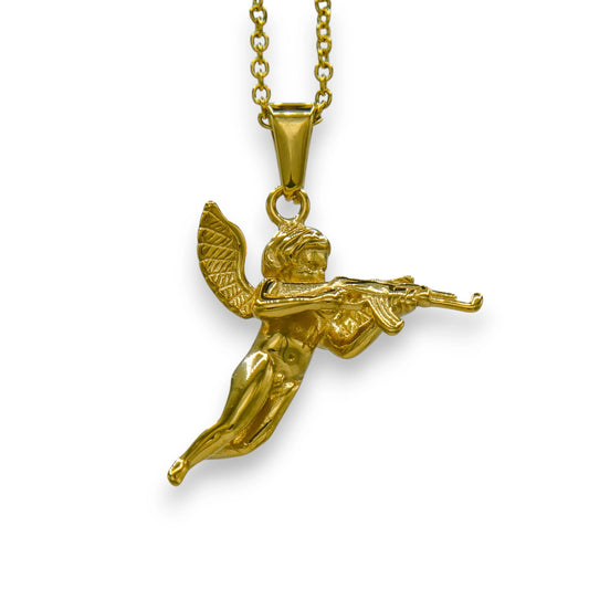 18k gold plated angel with gun pendant built from stainless steel with chain | unisex trendy necklace by clearquartzshop