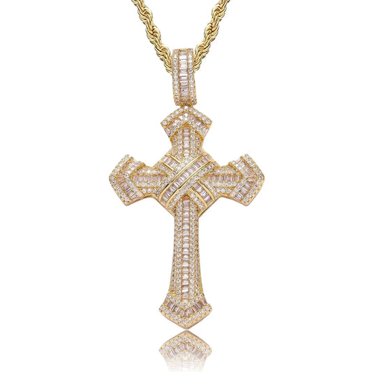 gold iced out luxury baguette cross pendant with stainless steel rope chain - unisex streetwear necklace by clearquartzshop