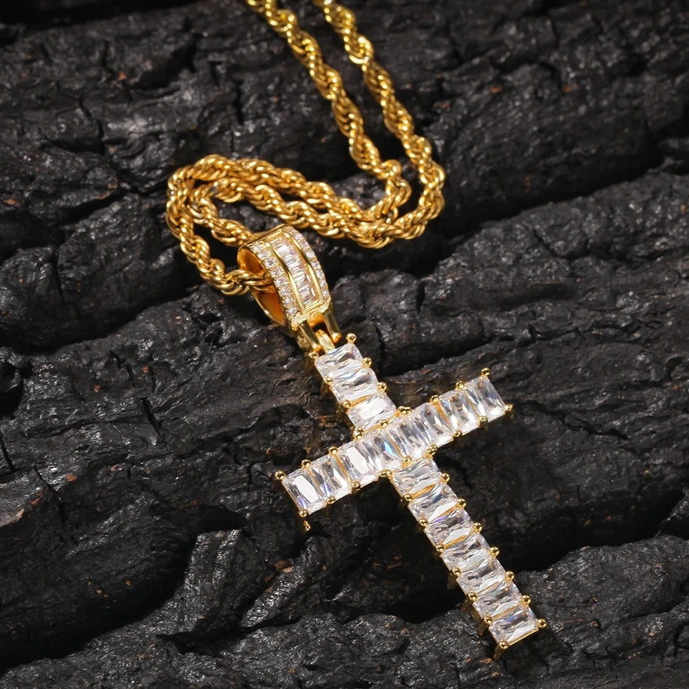 gold baguette cross pendant with twisted necklace - statement chain by clearquartzshop