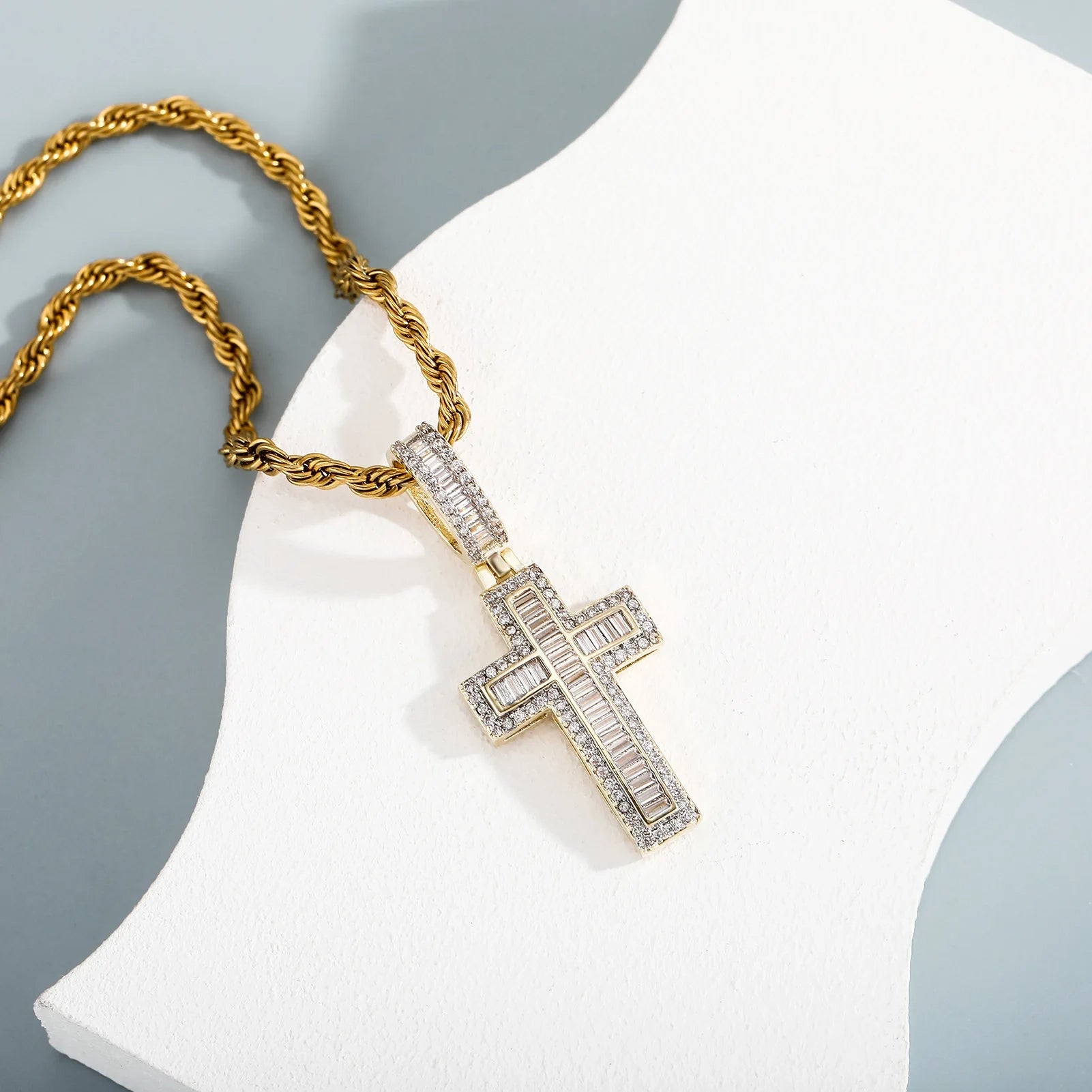 baguette crucifix necklace with twisted rope chain - faith jewelry by clearquartzshop