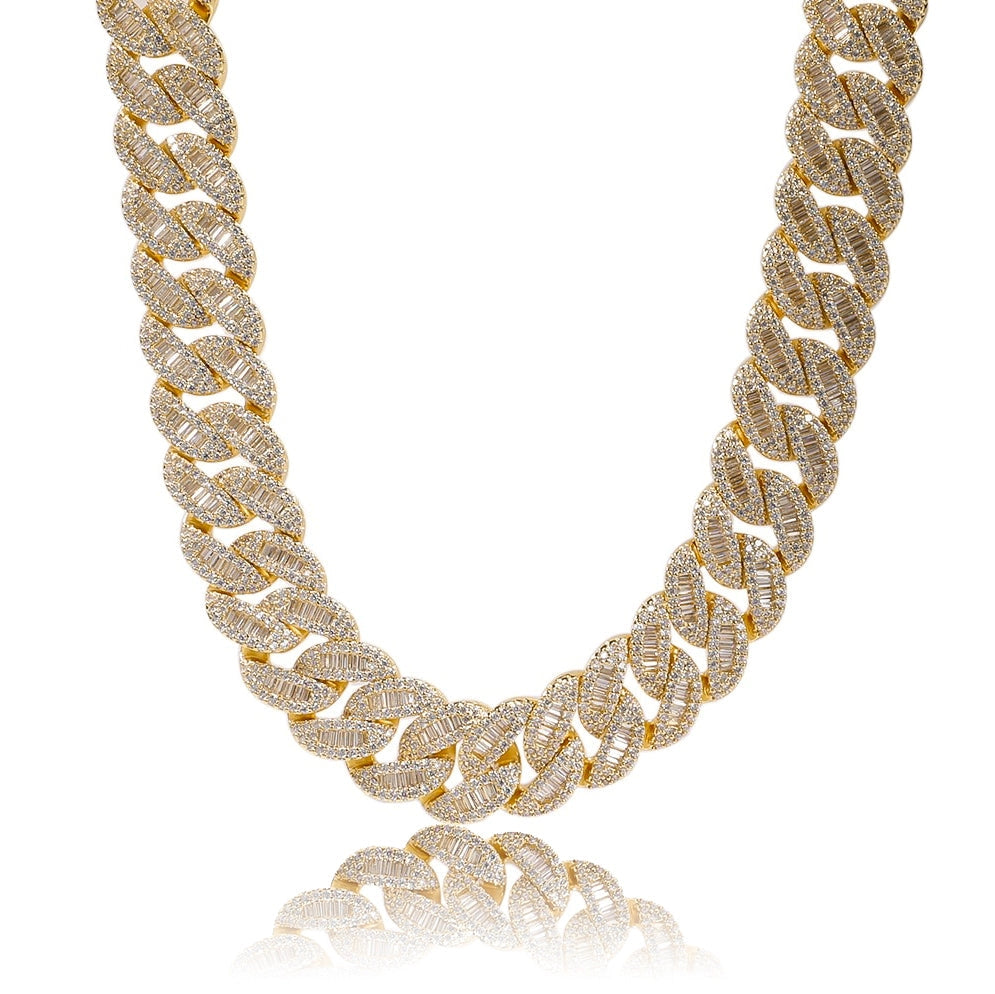 gold 15mm iced out baguette cuban link chain - unisex fashion necklace with cubic zirconia stones from clearquartzshop