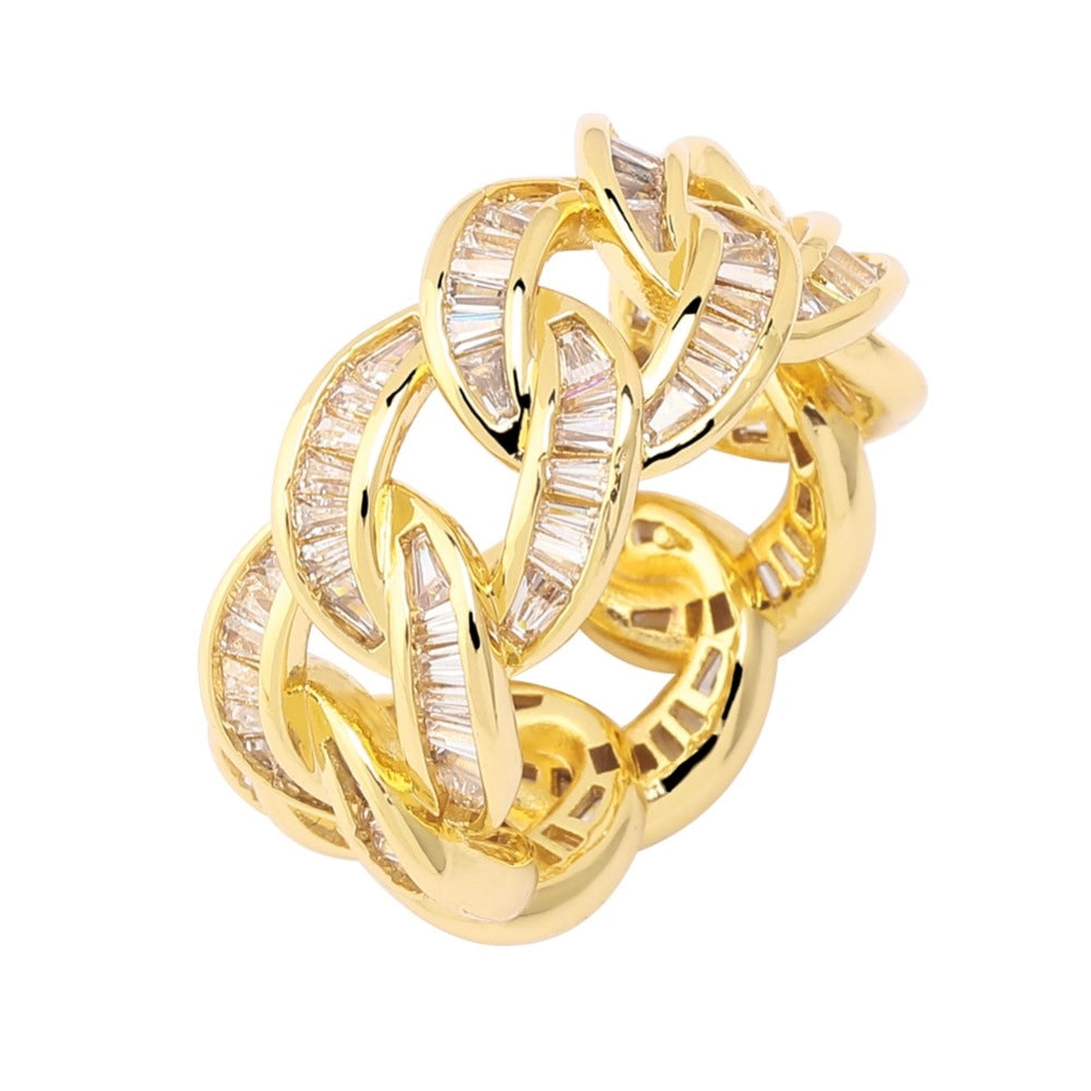 gold baguette cuban link ring for men and women - streetwear jewelry by clearquartzshop