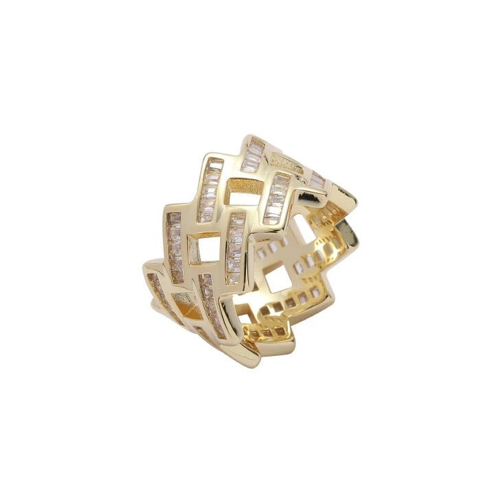 gold baguette prong cuban link ring for men and women - bold jewelry by clearquartzshop