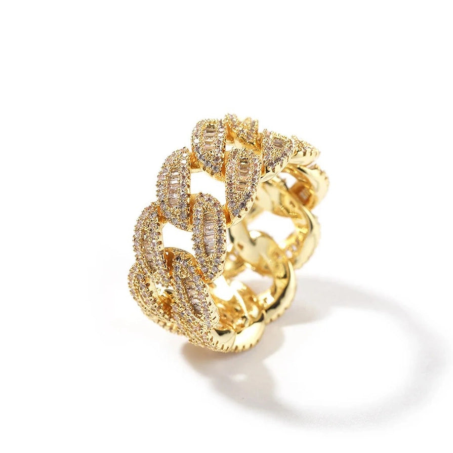 gold baguette triple row cuban link ring for men and women - flashy jewelry by clearquartzshop