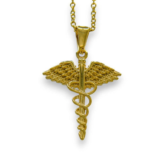 18k gold plated caduceus pendant crafted from stainless steel with chain | unisex medical symbol necklace by clearquartzshop