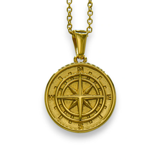 18k gold plated compass pendant for men and women made from stainless steel with chain | modern necklace by clearquartzshop