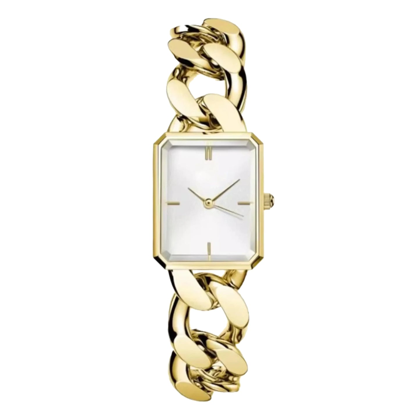 gold cuban link watch with white dial made from stainless steel for men and women at clearquartzshop