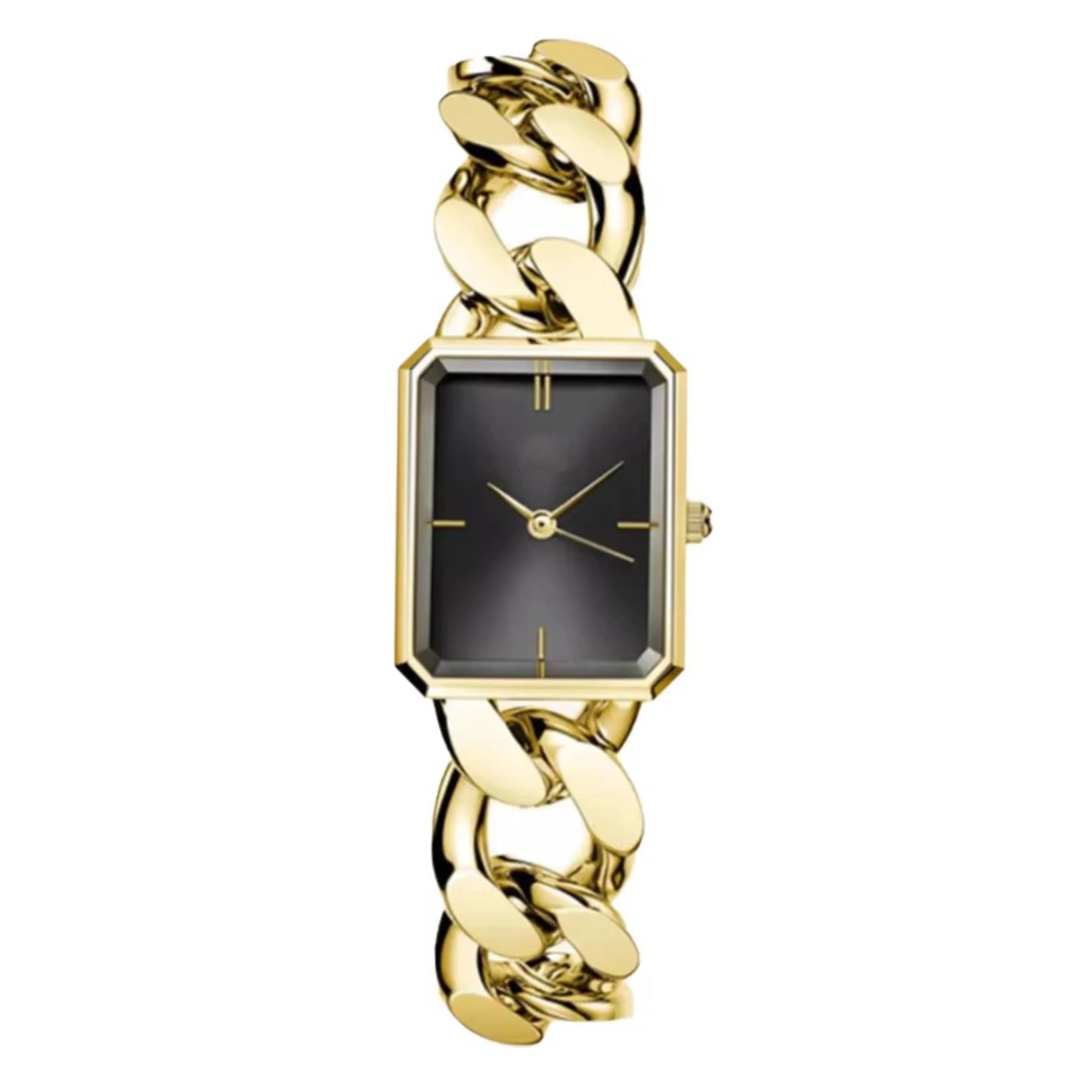 gold cuban link watch with black dial made from stainless steel for men and women at clearquartzshop
