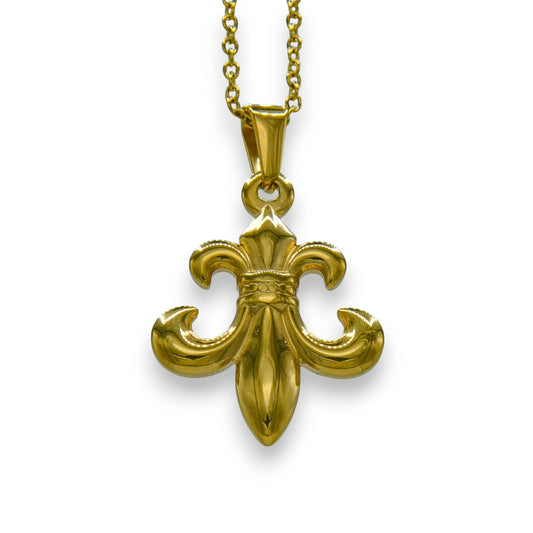18k gold plated fleur de lis pendant built in stainless steel with chain | unisex bold necklace by clearquartzshop