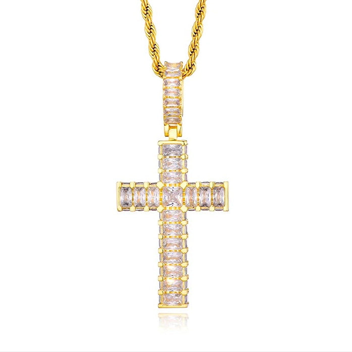 fully iced out cross pendant in gold with stainless steel rope chain - unisex crucifix necklace by clearquartzshop