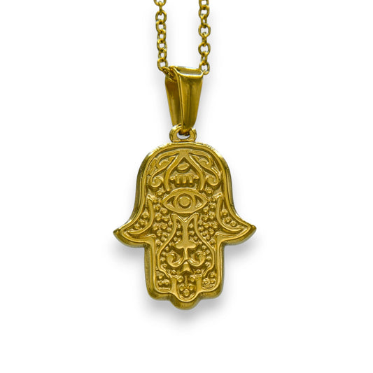 18k gold plated hamsa pendant made from stainless steel with chain | unisex hand of god necklace by clearquartzshop