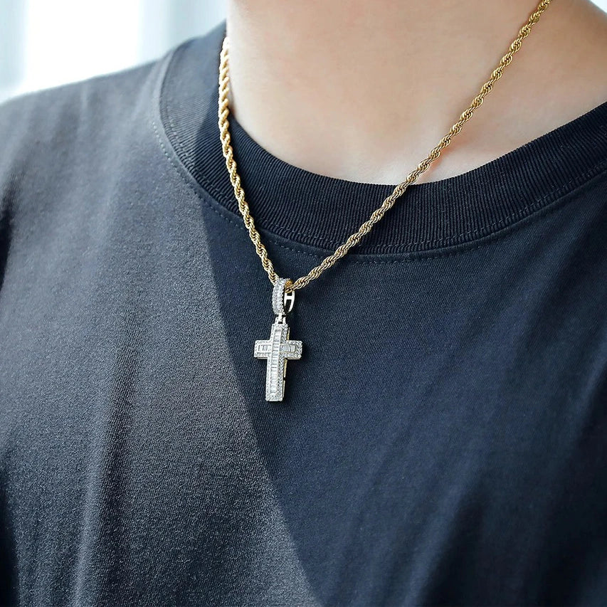 iced baguette crucifix pendant in gold with steel rope chain - faith chain by clearquartzshop