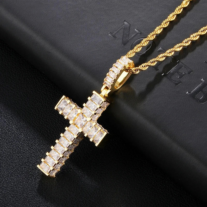 gold iced cross necklace with steel rope chain - christian pendant by clearquartzshop