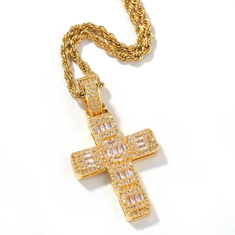 gold iced cross necklace with stainless steel chain - streetwear bling by clearquartzshop