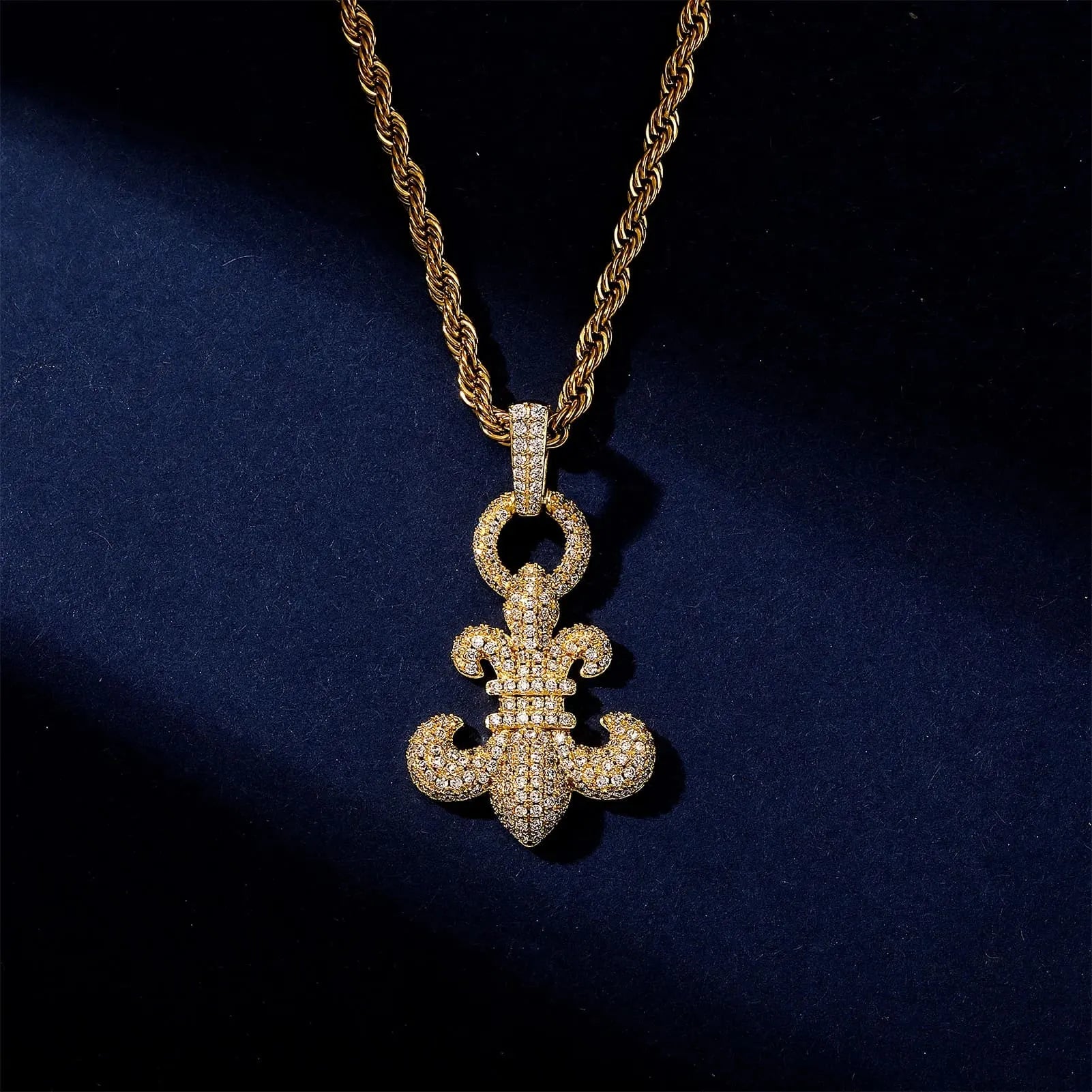gold iced fleur de lis pendant with rope chain - hip hop bling necklace by clearquartzshop