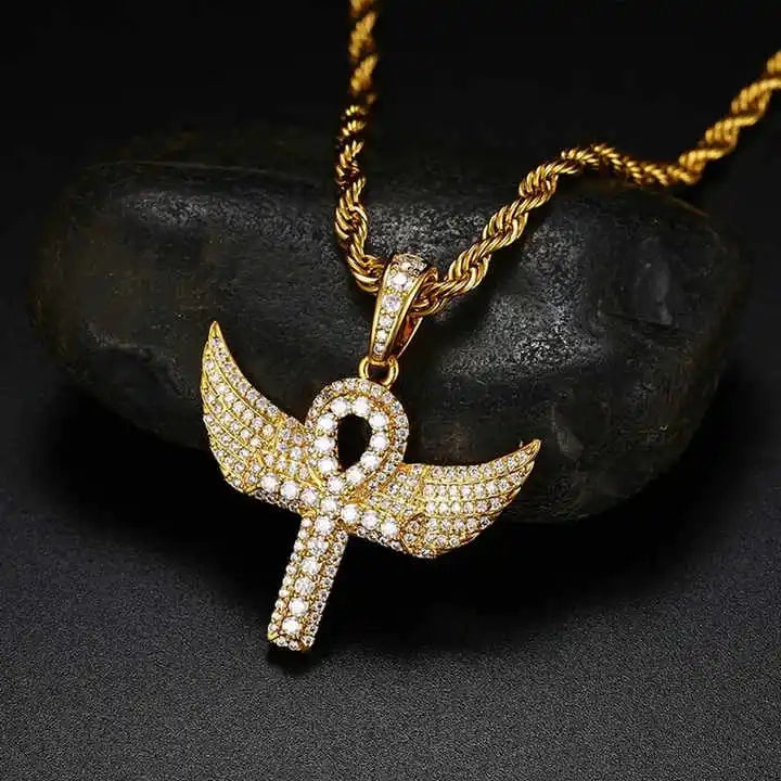 iced out ankh cross necklace in gold with steel rope chain - faith pendant by clearquartzshop
