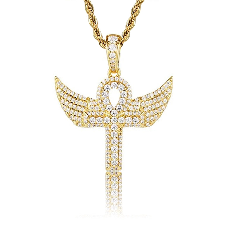 gold iced out ankh cross pendant detailed with wings and a rope necklace for men and women - flashy chain by clearquartzshop