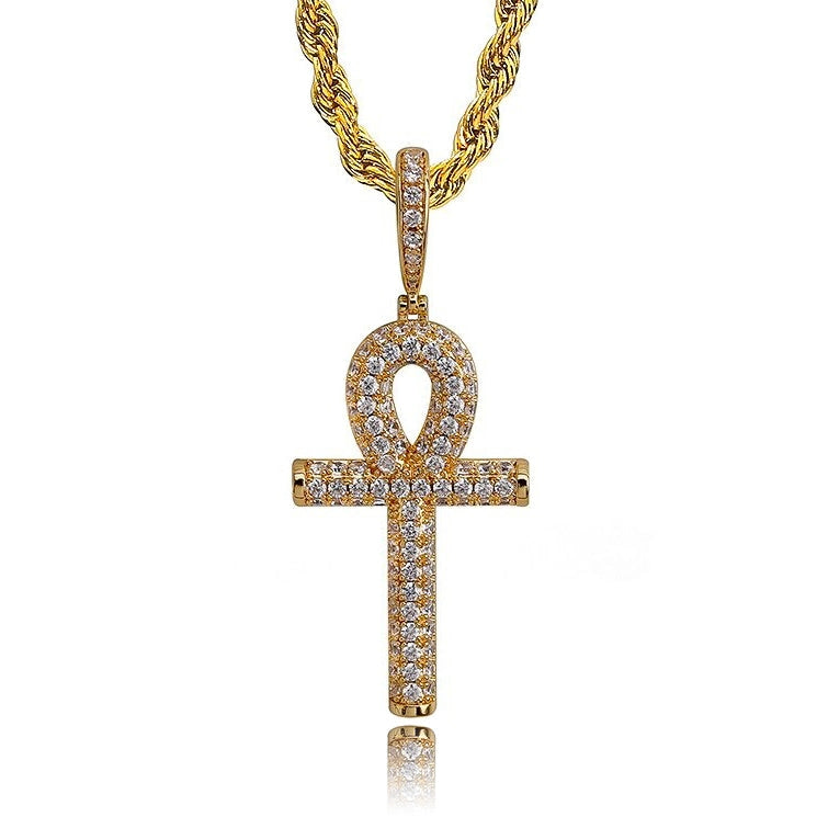 gold iced out ankh cross pendant with steel chain - streetwear jewelry by clearquartzshop