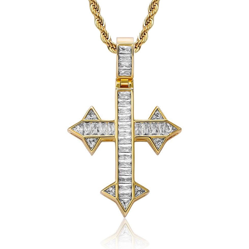 iced out baguette celtic cross pendant in gold with steel rope chain for men and women - religious jewelry by clearquartzshop