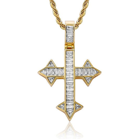 iced out baguette celtic cross pendant in gold with steel rope chain for men and women - religious jewelry by clearquartzshop