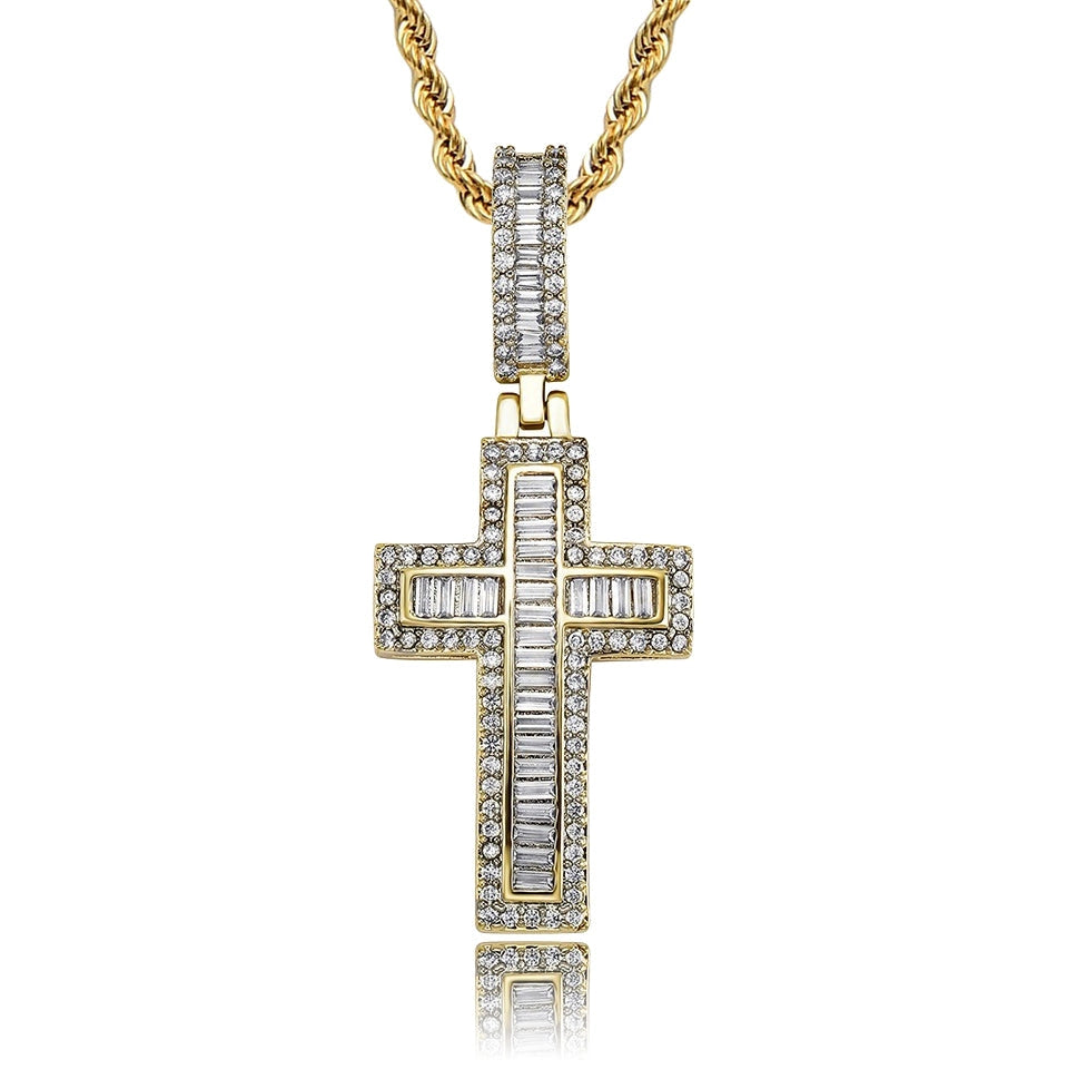 gold iced out baguette cross necklace with stainless steel chain for men and women - religious pendant by clearquartzshop
