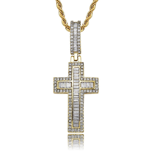 gold iced out baguette cross necklace with stainless steel chain for men and women - religious pendant by clearquartzshop
