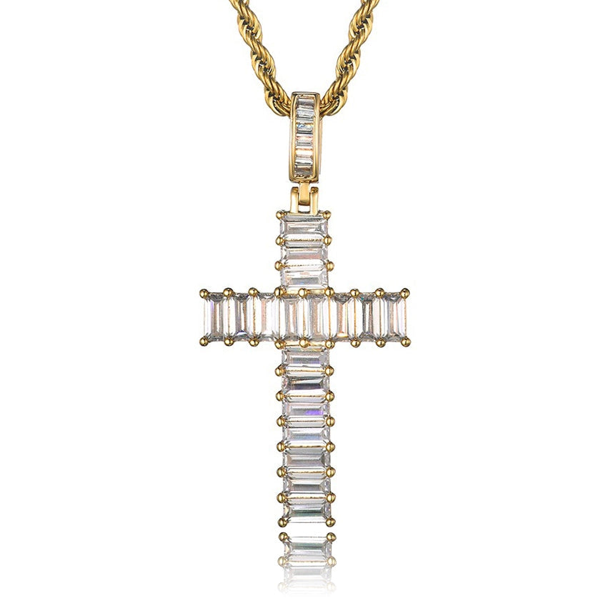 gold iced out baguette cross pendant with rope chain - unisex faith necklace by clearquartzshop