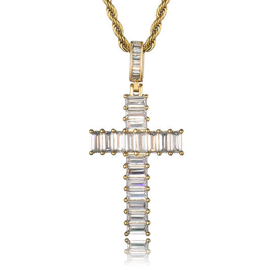 gold iced out baguette cross pendant with rope chain - unisex faith necklace by clearquartzshop