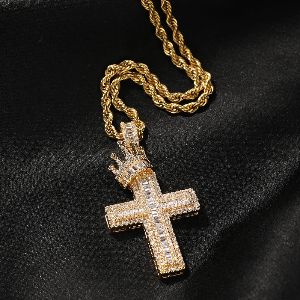 gold iced out baguette crown crucfix necklace with rope chain - christian cross jewelry