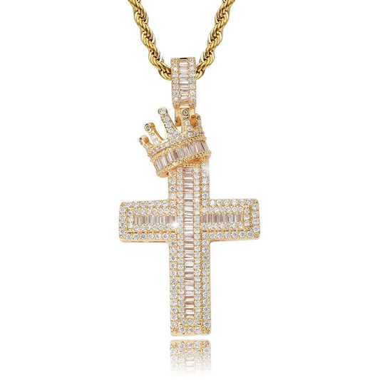 gold iced out baguette crown crucifix pendant with rope necklace for men and women - faith chain by clearquartzshop