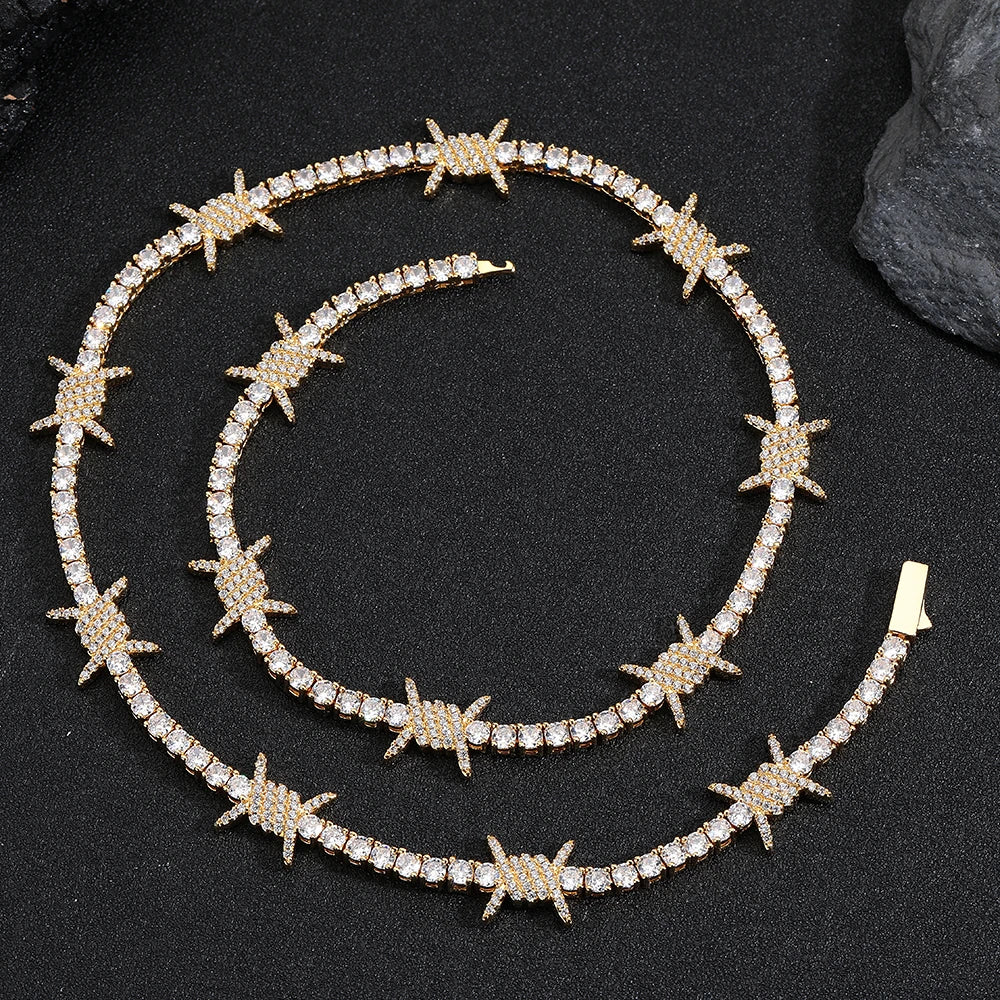 gold iced out barbed wire necklace - unisex thorns chain by clearquartzshop