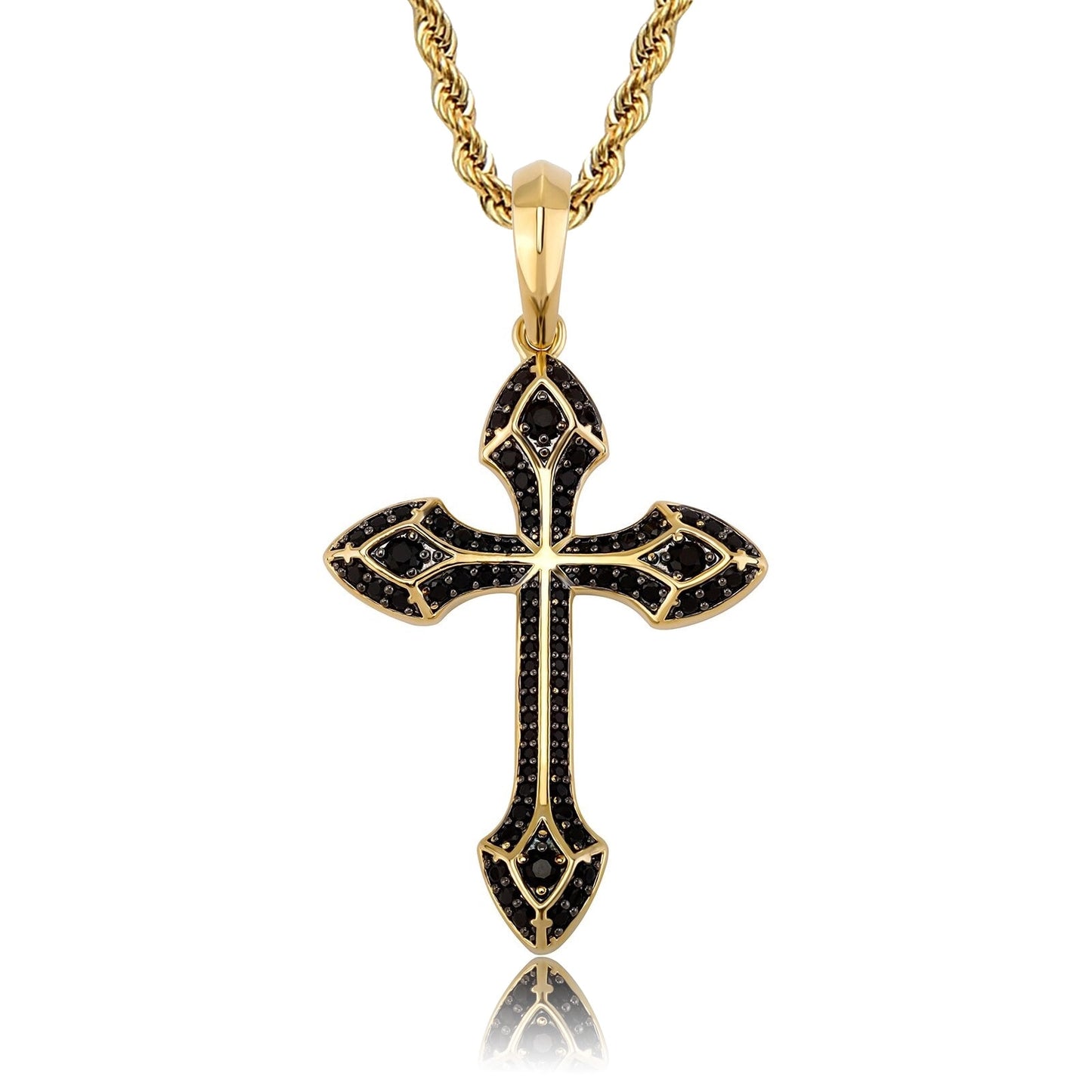 gold iced out black cross pendant with rope chain - faith necklace by clearquartzshop