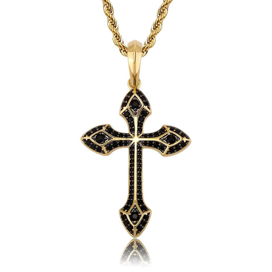 gold iced out black cross pendant with rope chain - faith necklace by clearquartzshop