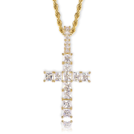 iced out cross pendant in gold with stainless steel rope chain - unisex religious necklace by clearquartzshop