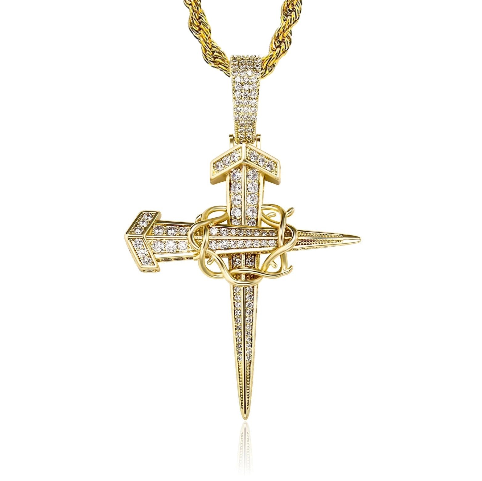 iced out crown of thorns pendant in gold with steel chain - cross necklace by clearquartzshop