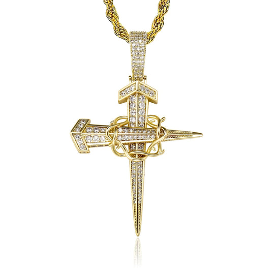 iced out crown of thorns pendant in gold with steel chain - cross necklace by clearquartzshop