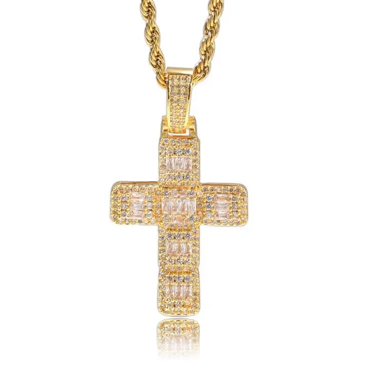 gold iced out crucifix pendant with twisted rope chain for men and women - diamond necklace by clearquartzshop