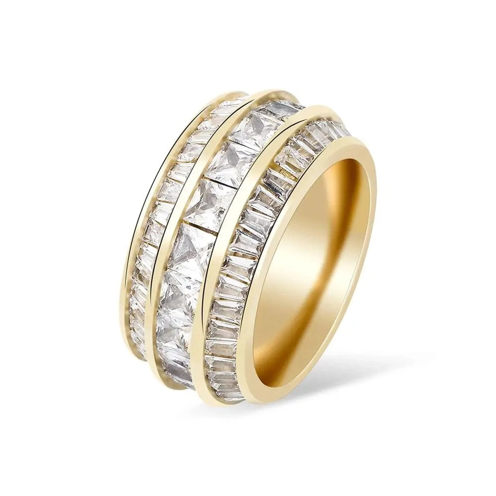 gold iced out cuban link ring three row baguette jewelry for men and women by clearquartzshop
