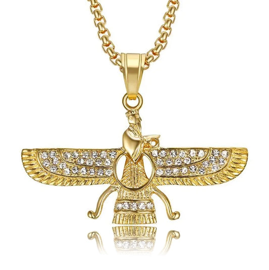 gold iced out farvahar pendant for men and women - ahura mazda necklace by clearquartzshop