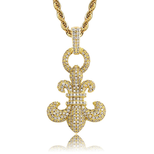 gold iced out fleur de lis pendant with steel necklace for men and women - streetwear chain by clearquartzshop