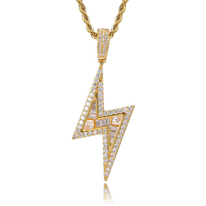 gold iced out lightning bolt pendant for men and women with stainless steel necklace - bling jewelry at clearquartzshop