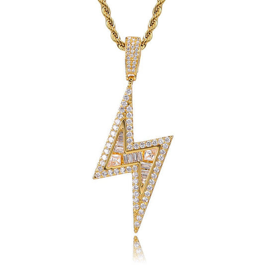 gold iced out lightning bolt pendant for men and women with stainless steel necklace - bling jewelry at clearquartzshop