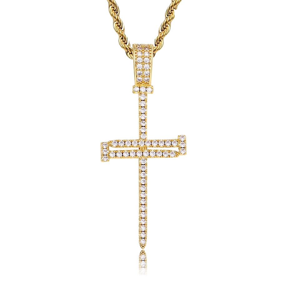 iced out nail crucifix pendant in gold with steel necklace - christian chain by clearquartzshop