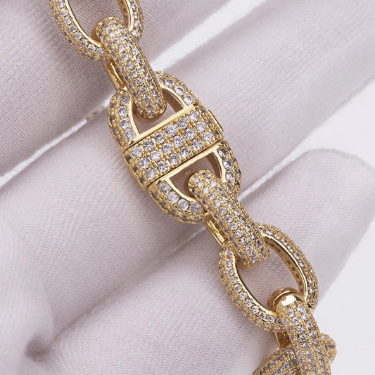 gold 10mm iced out rolo bracelet, oval diamond belcher - rap jewelry from clearquartzshop